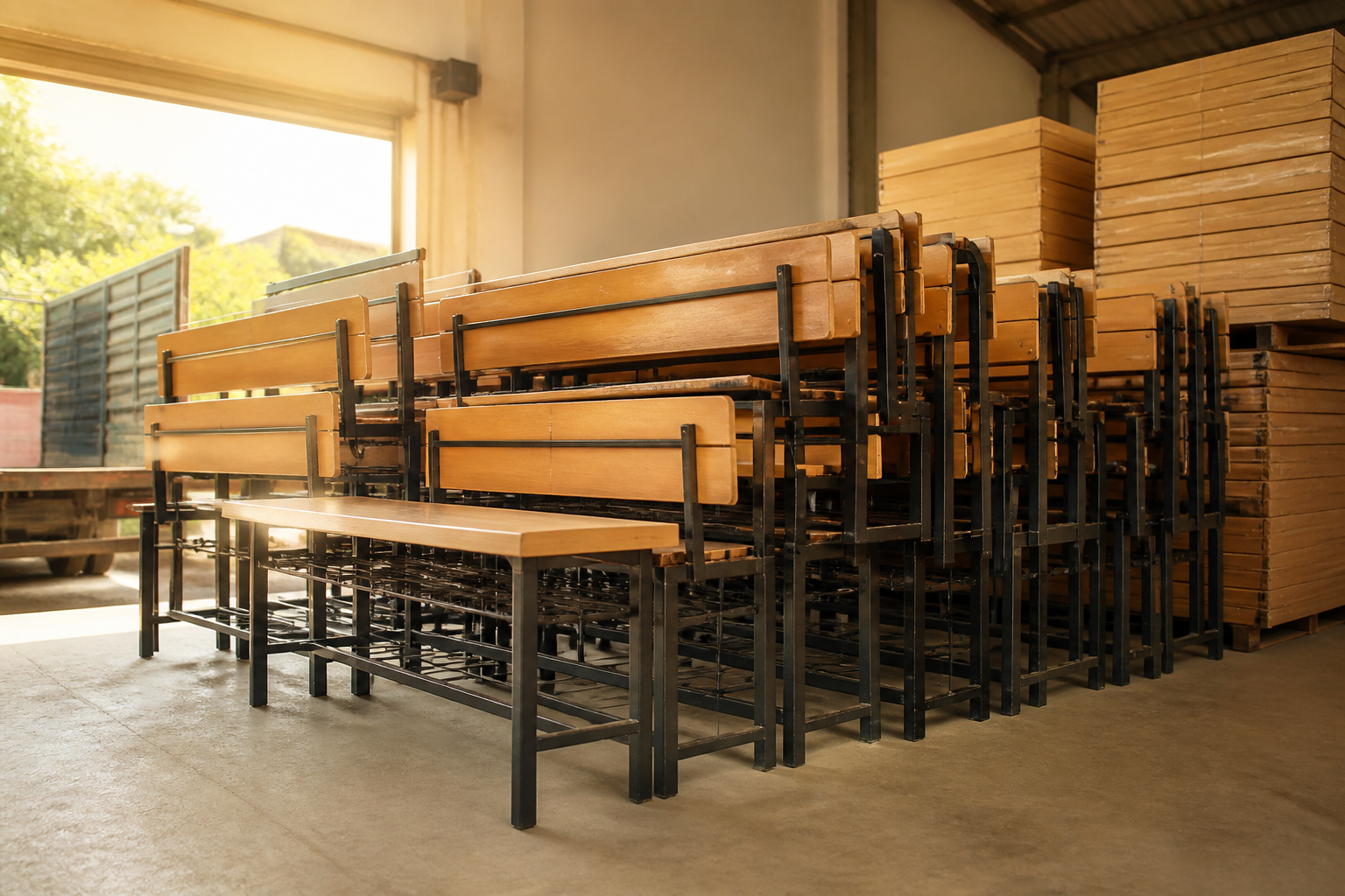 Stacked school desks and benches ready for bulk institutional delivery