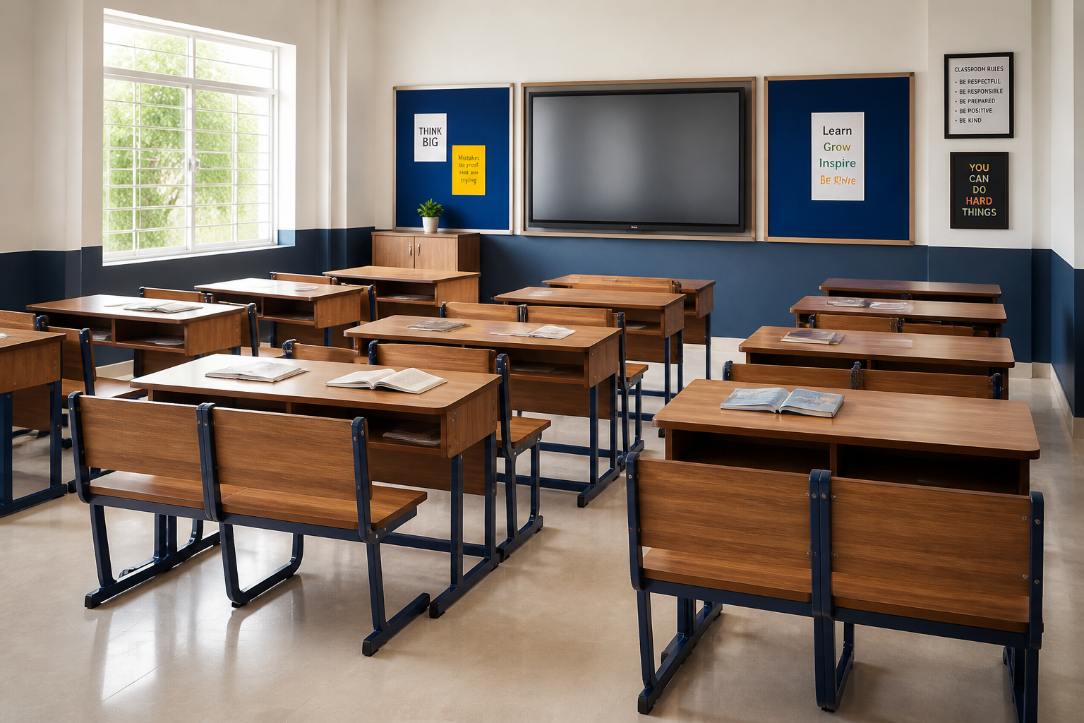 Modern classroom with durable dual student desks and chairs